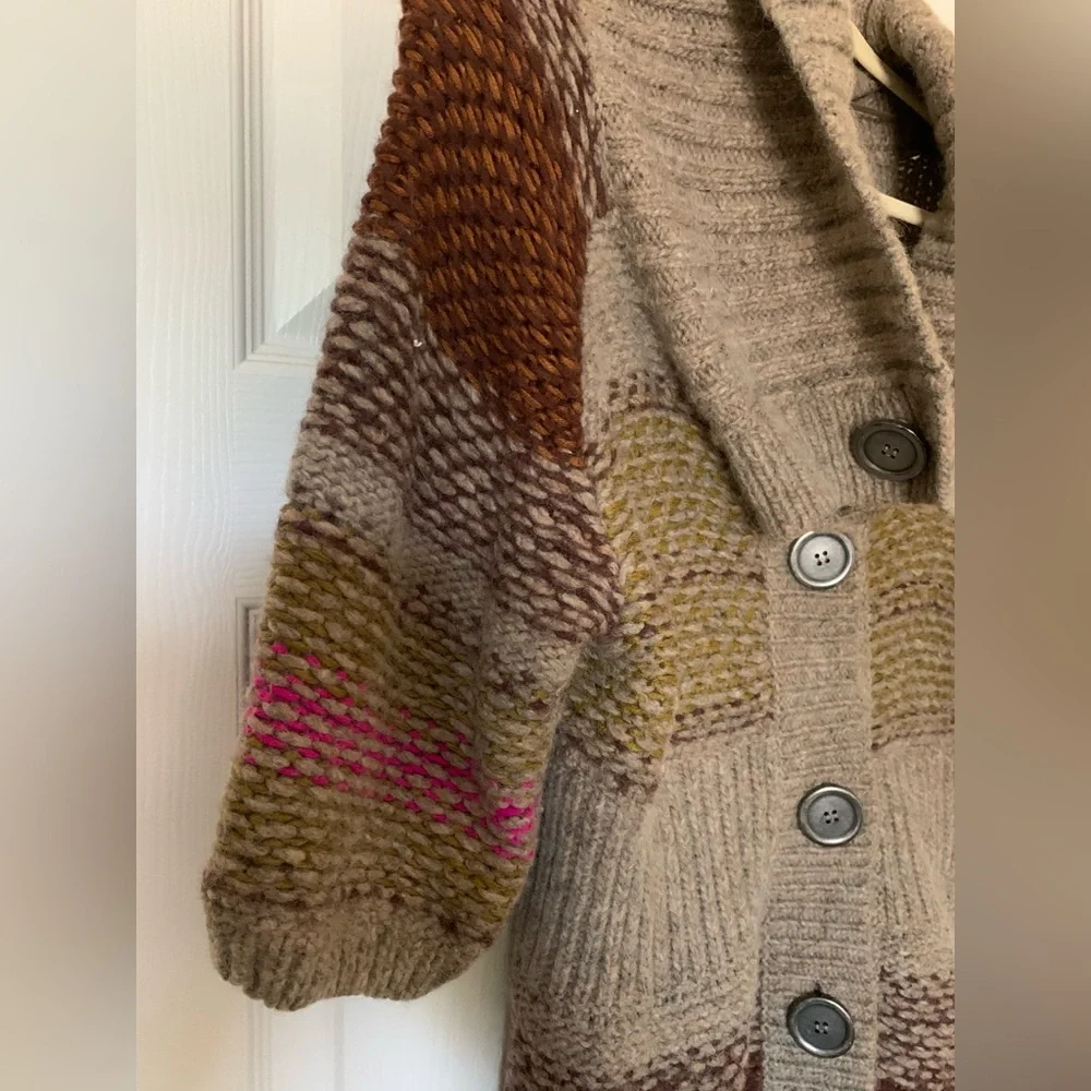 Free People Multicolor Chunky‎ Knit Sweater Cardigan, Brown and Tan, Size Large